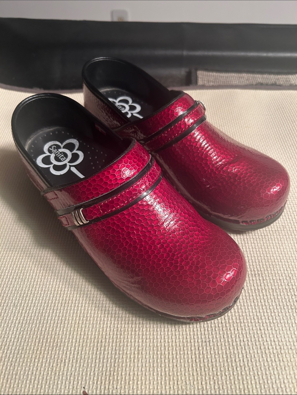 Sanita Women's Wine-Red Patent Clogs with Decorative Strap